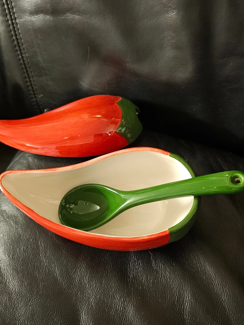 Ceramic Red Chili Pepper Sculpture Dip Salsa Bowl & Stem Spoon New Without Tags